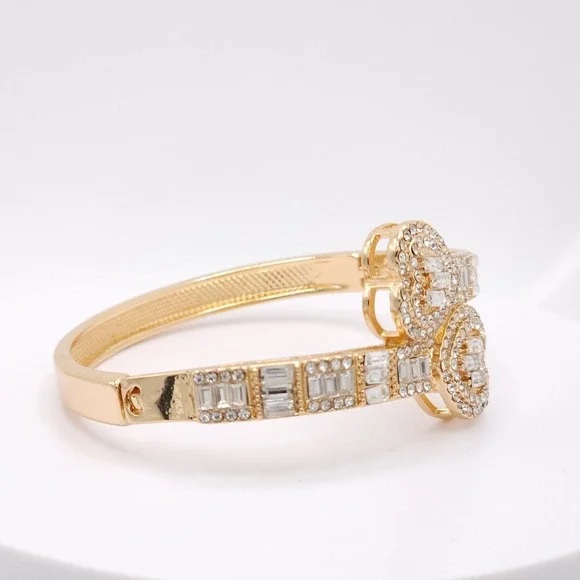 Gold Plated Double Heart Hinged Cuff Bracelet Women's CZ Bangle Romantic Jewelry - Picture 10 of 17